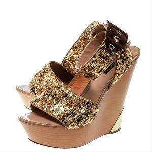 🤎Louis Vuitton GOLD Sequin Wedge Sandals 38 8